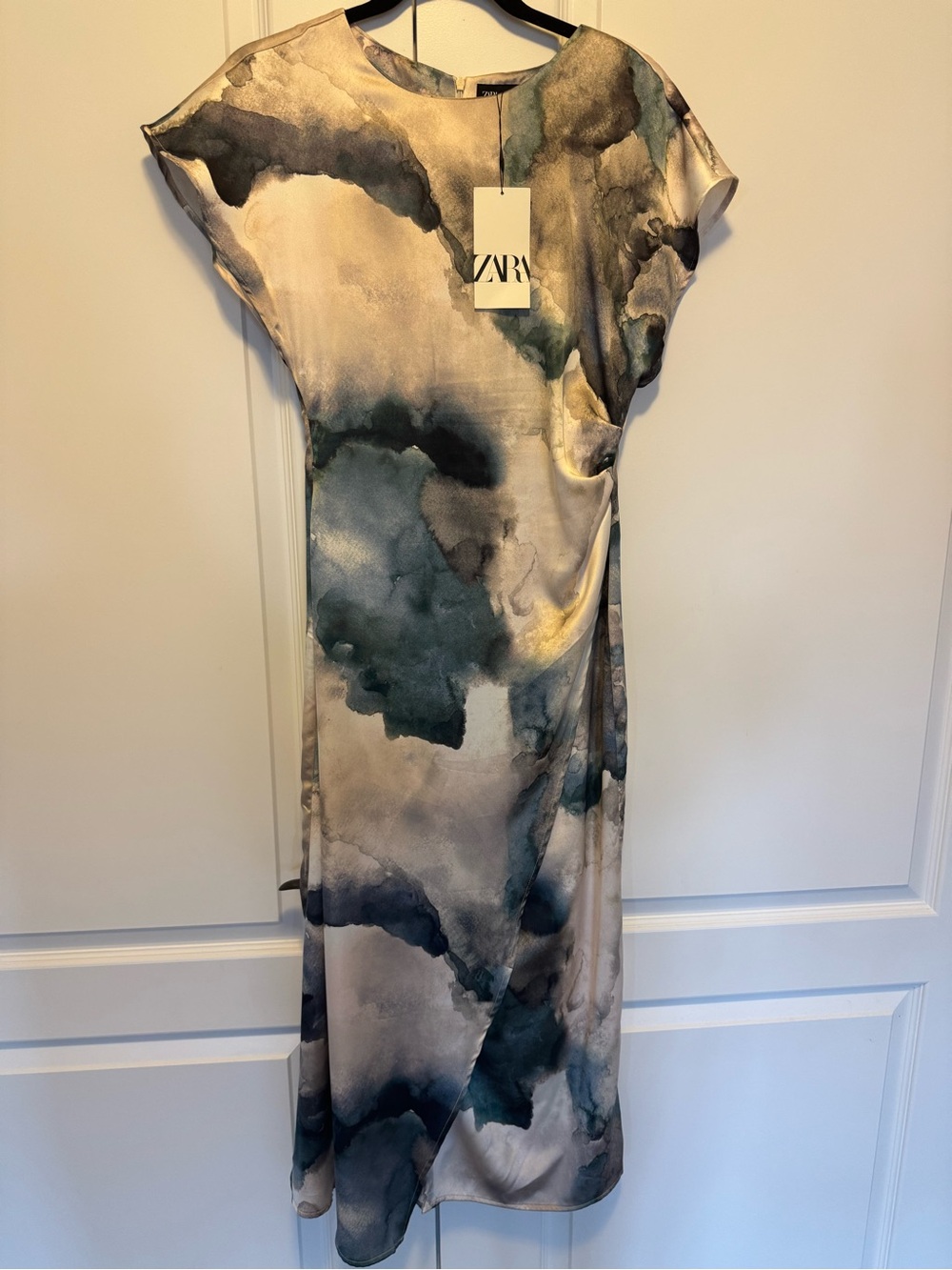 Zara Watercolor Effect Midi Dress in Blue and Cream Tones